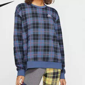 Nike Plaid Crewneck Sweatshirt Blue Check Pullover Logo Sweater Streetwear